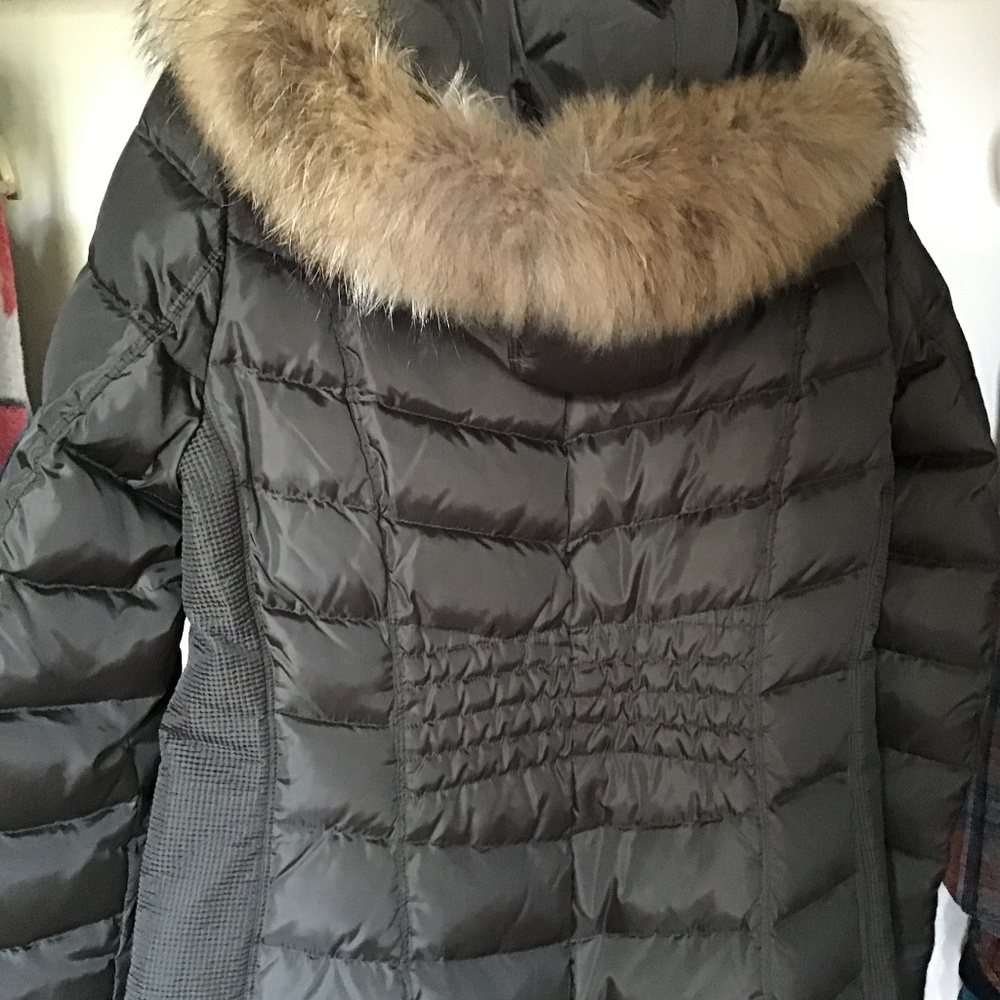 Michael Kors fauxfur hooded long padding jacket dark grey/black zipper and snaps